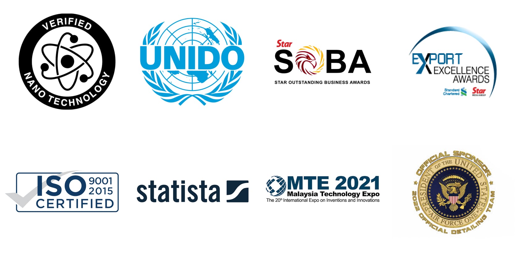 Selos e prêmios: ISO 9001:2015, UNIDO, SOBA, Export Excellence Awards, Statista, MTE 2021