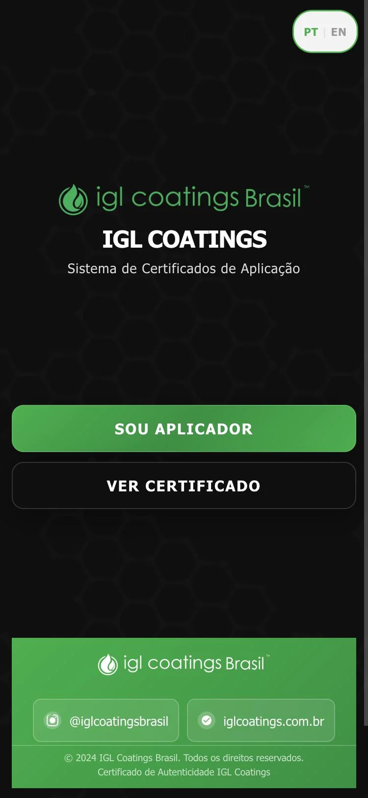 Tela inicial do Sistema de Cadastro de Aplicação IGL