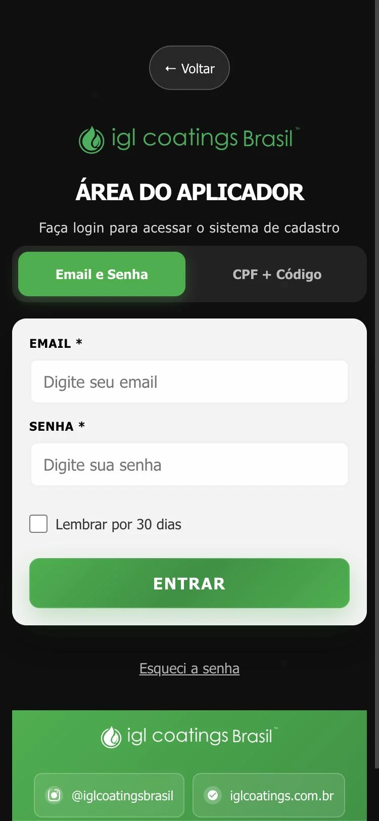Área do aplicador: login por e-mail e senha ou CPF e código